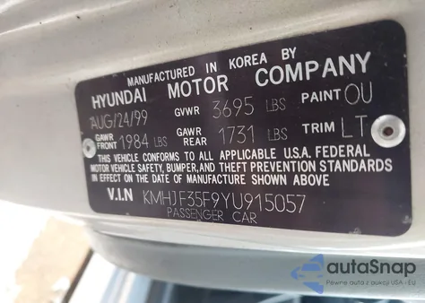 2000 Hyundai Elantra Gls z USA, uszkodzony, nr VIN KMHJF35F9YU915057